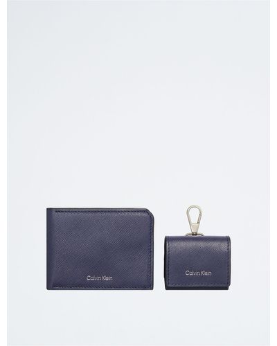 Calvin Klein Refined Saffiano Leather Bifold Wallet + Airpods Case Gift Set - Blue
