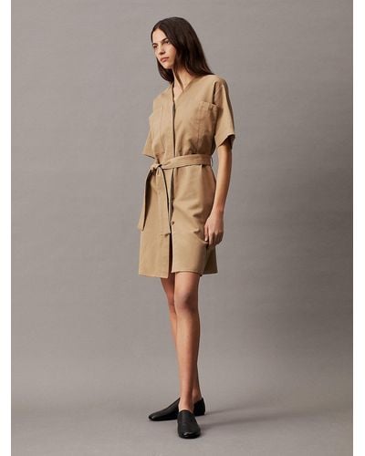 Calvin Klein Oversized Linen Belted Shift Dress - Grey