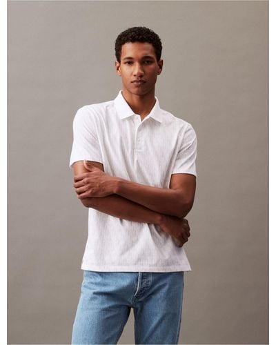 Calvin Klein Smooth Cotton Allover Monogram Logo Polo Shirt - White