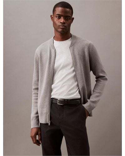 Calvin Klein Smooth Cotton Sweater Bomber Jacket - Gray