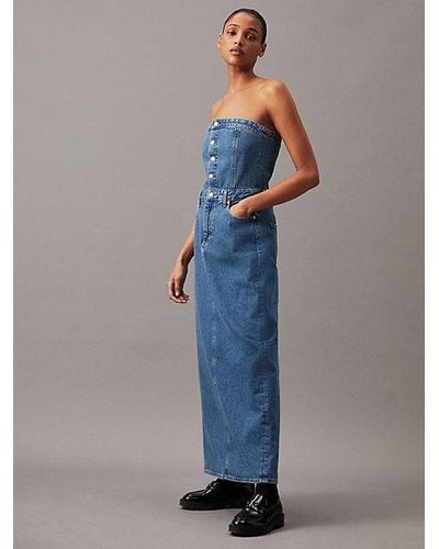 Calvin Klein Strapless Denim Maxi-jurk - Blauw