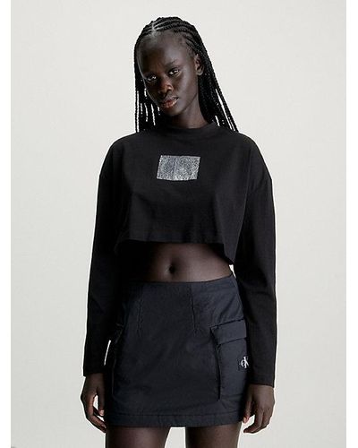 Calvin Klein Cropped T-shirt Met Lange Mouwen En Logo - Zwart