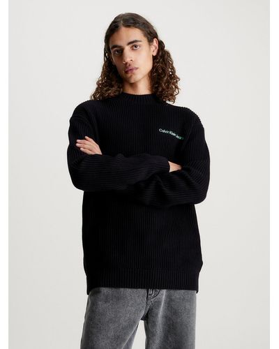 Calvin Klein Pull en coton avec Logo Tape - Noir