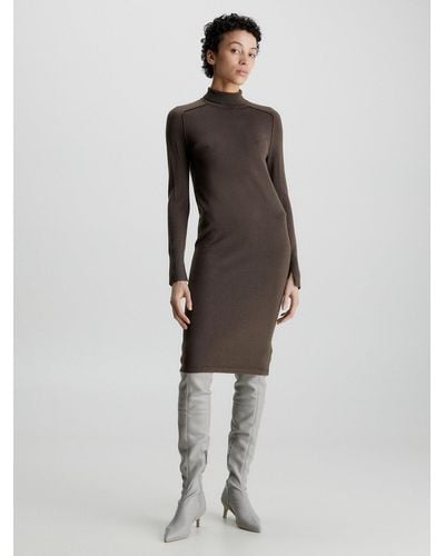 Calvin Klein Wool Roll Neck Bodycon Dress - Multicolour