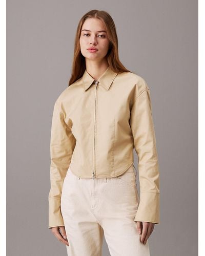 Calvin Klein Slim Cropped Zip Up Shirt - Natural