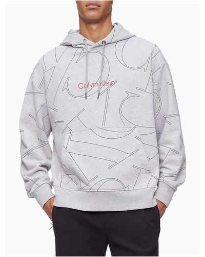 Calvin Klein Relaxed Fit Monogram Logo French Terry Hoodie - Gray