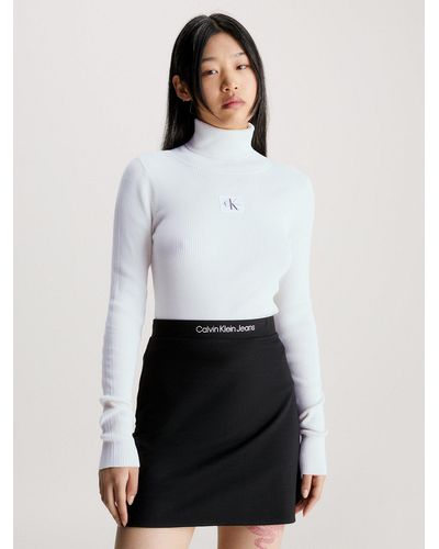 Calvin Klein Pull slim côtelé à col roulé - Blanc