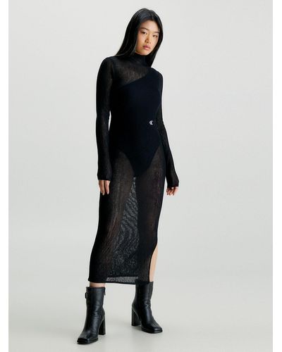 Calvin Klein Robe longue moulante en maille transparente - Noir