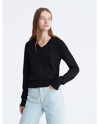 Calvin Klein Smooth Cotton V-neck Sweater - Black