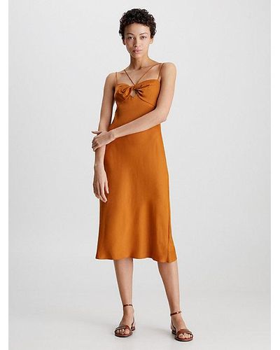 Calvin Klein Slim Jurk Met Spaghettibandjes Met Gedraaide Voorkant - Oranje