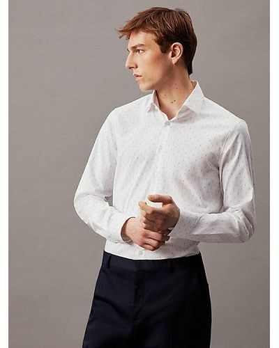 Calvin Klein Slim Net Overhemd Met Bladerprint - Wit