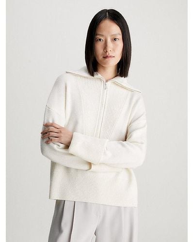 Calvin Klein Lässiger Wollpullover mit Reißverschlusskragen - Weiß