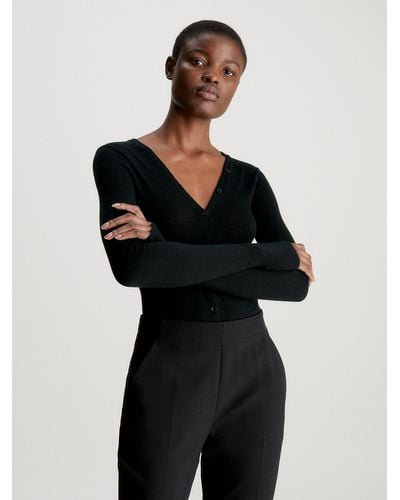 Calvin Klein Body à manches longues en laine fine - Noir