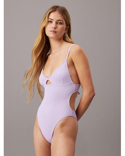 Calvin Klein Cut Out Swimsuit - Ck Monogram Texture - Purple