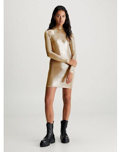 Calvin Klein Metallic Mini-jurk Met Lange Mouwen - Naturel