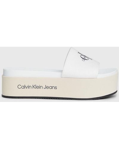 Calvin Klein Canvas Platform Sliders - White