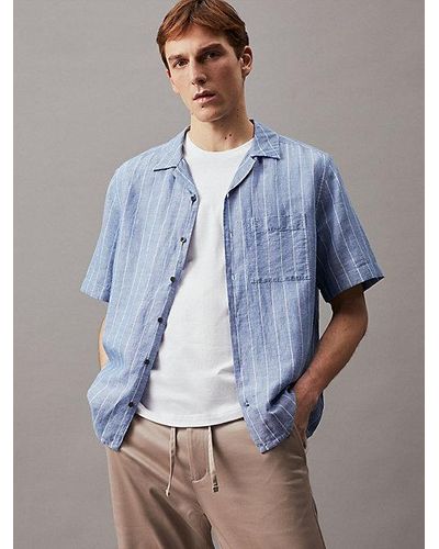Calvin Klein Gestreiftes Hemd aus Leinen und Baumwolle - Blau