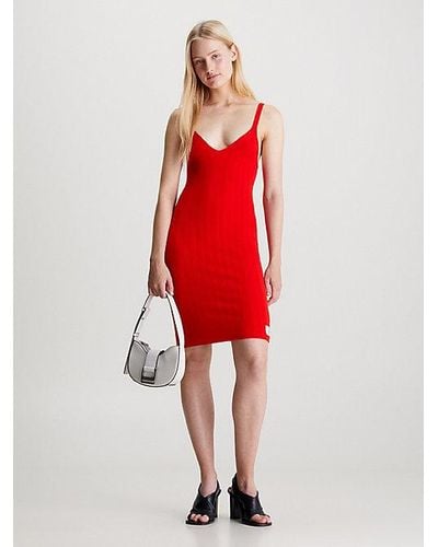 Calvin Klein Vestido de canalé de lyocell suave - Rojo