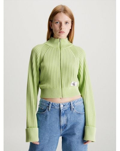 Calvin Klein Ribbed Cotton Zip Up Cardigan - Green