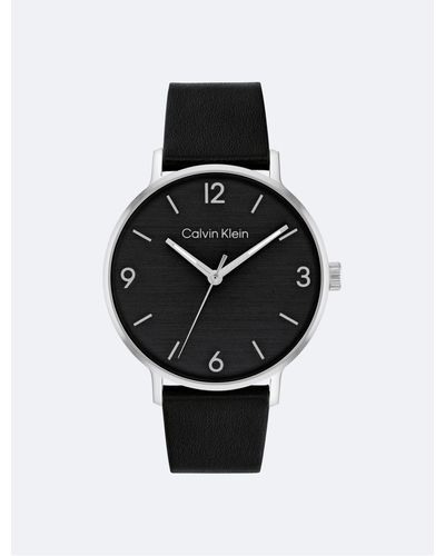 Calvin Klein Sunray Dial Leather Strap Watch - Black