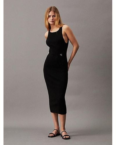 Calvin Klein Vestido midi slim de canalé con espalda anudada - Negro
