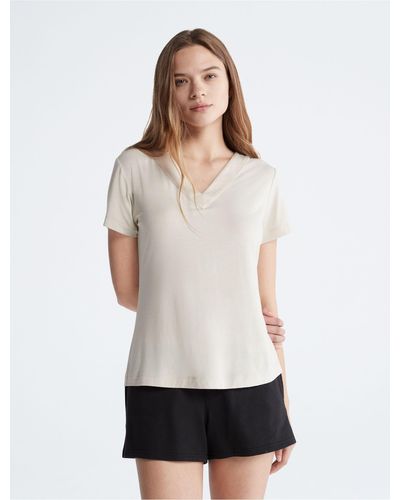 Calvin Klein Modal Satin V-neck Short Sleeve Top - White