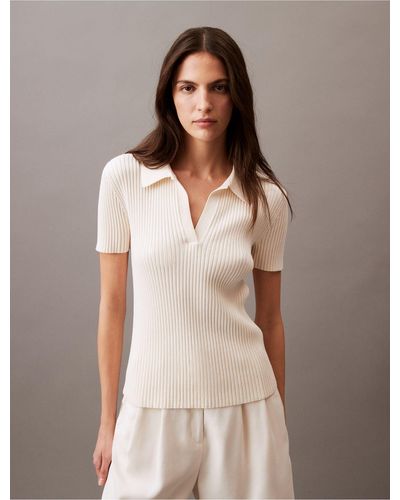 Calvin Klein Smooth Cotton Rib Sweater Polo Shirt - Natural
