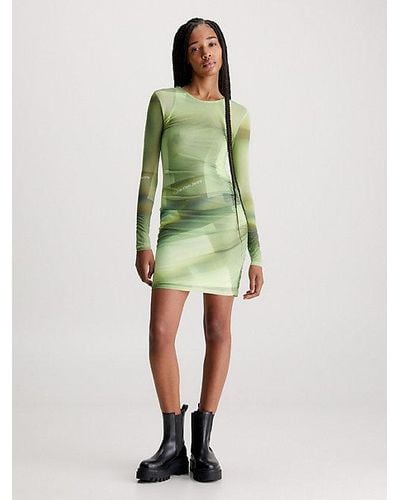 Calvin Klein Doppellagiges Mesh-Kleid mit Print - Grün