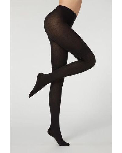 Calzedonia Ribbed Longuette Effect Tights With Cashmere - Black