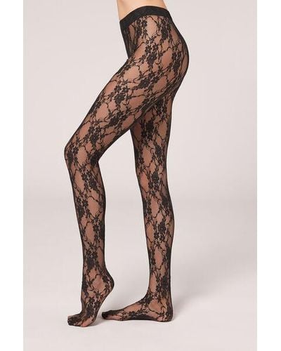 Calzedonia Floral Lace Fabric Tights - Pink