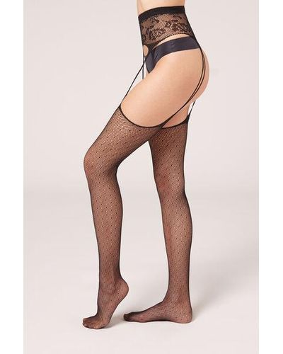 Calzedonia Suspender-Effect Fishnet Tights With Bustier - Natural
