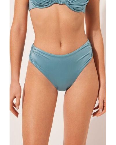 Calzedonia High-Waist Bikini Bottoms Shiny Satin Light - Blue