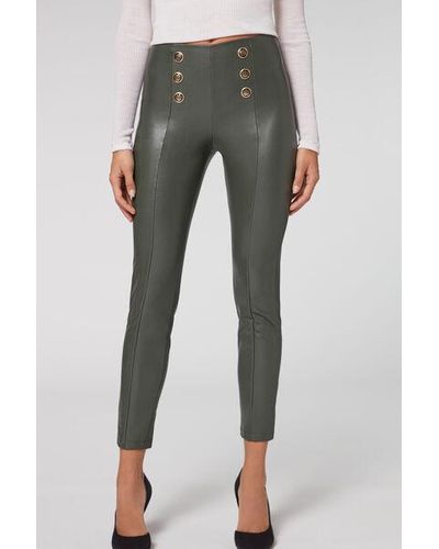 Calzedonia Skinny Sailor Coated-Effect Leggings With Buttons - Grey