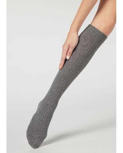 Calzedonia Women's Ribbed Long Socks With Wool And Cashmere - Grey