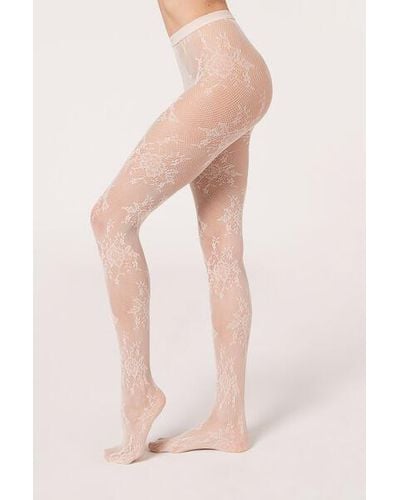 Calzedonia Floral Lace Fishnet Tights - Pink