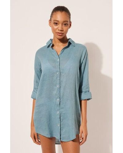 Calzedonia Linen Shirt Dress Light - Blue