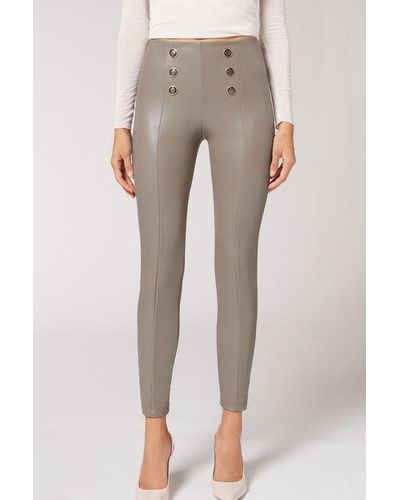 Calzedonia Skinny Sailor Coated-Effect Leggings With Buttons - Natural