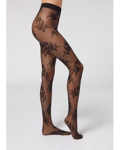Calzedonia 40 Denier Floral Pattern Tulle Tights in Black