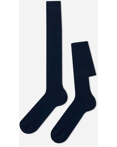 Calzedonia Men's Lisle Thread Ribbed Long Socks - Blue