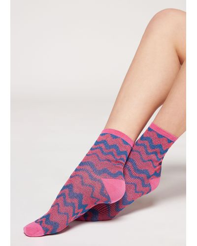 Calzedonia Wave Motif Short Socks With Glitter - Pink
