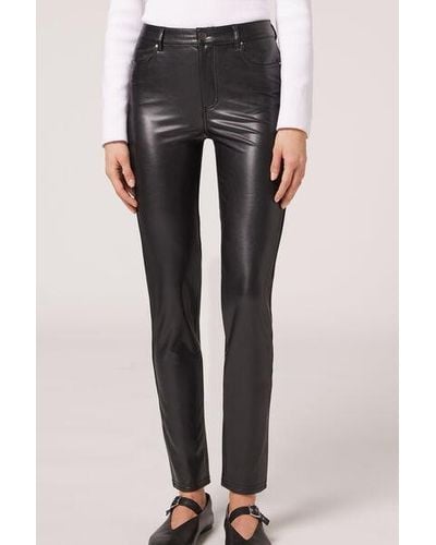 Calzedonia Thermal Leather-effect Trousers - Black