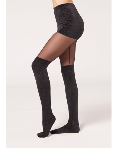 Calzedonia Collant effetto longuette e shorts in velluto glitter - Nero