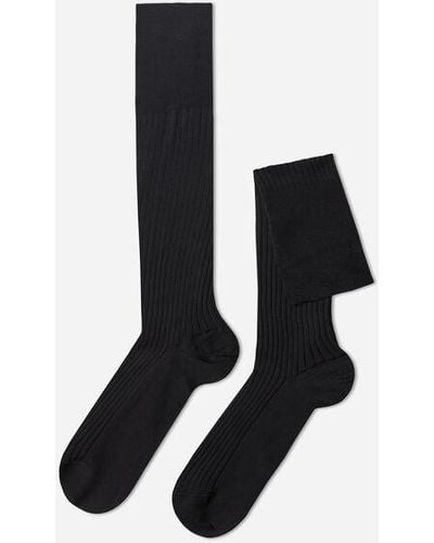 Calzedonia Men's Lisle Thread Ribbed Long Socks - Black