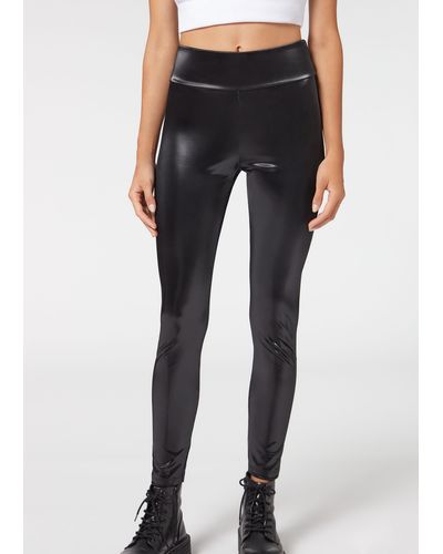 Calzedonia Leather Look Black Leggings - Size XS - Shiny Lycra Spandex