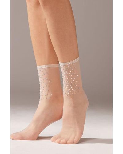 Calzedonia Sheer Short Socks With Diamanté - Natural