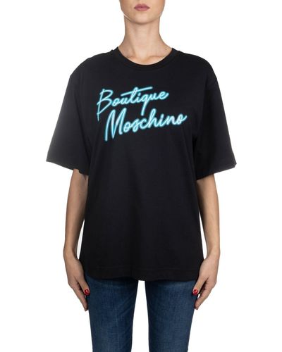 Boutique Moschino T-shirt nera in cotone con stampa logo blu frontale - Nero