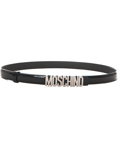 Moschino Cintura nera lucida con logo in argento - Bianco