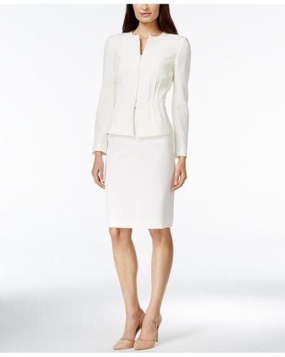 Tahari Crepe Pintucked Peplum Skirt Suit - White
