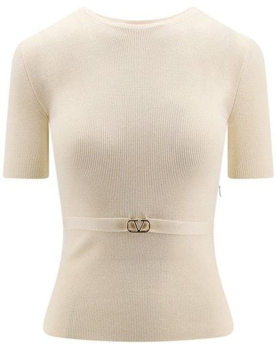Valentino Logo Plaque Short-sleeved Sweater - Natural