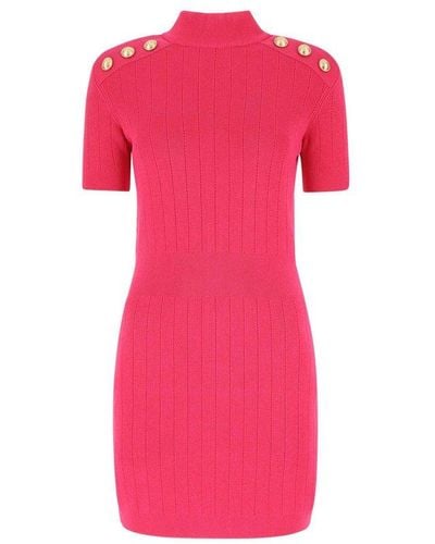 Balmain Mock Neck Button-embellished Ribbed Mini Dress - Pink